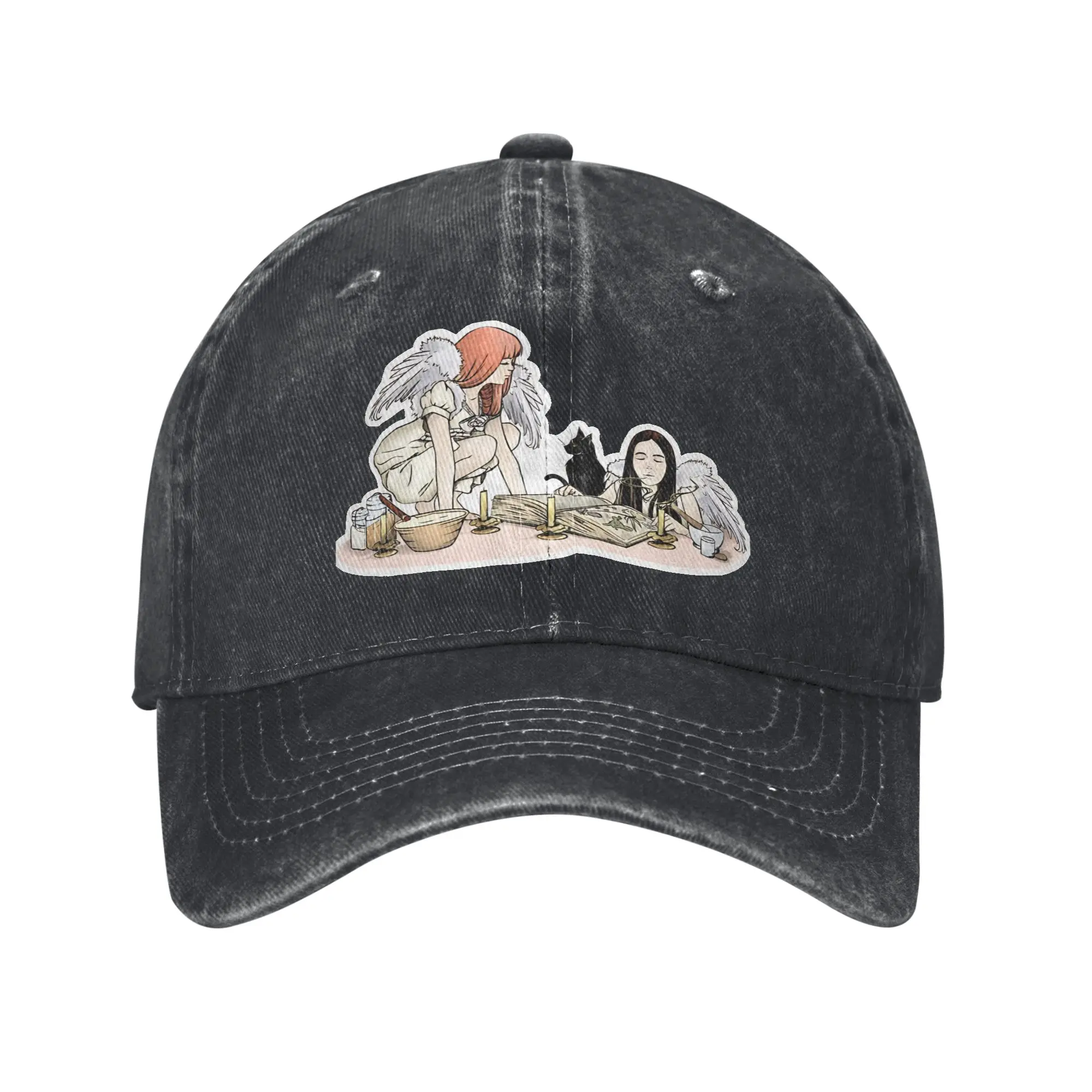 Men Women Practical Magic Witchcraft Spellbook Black Cat Angel Wings Print Hats Vintage Distressed Washed  Baseball Cap