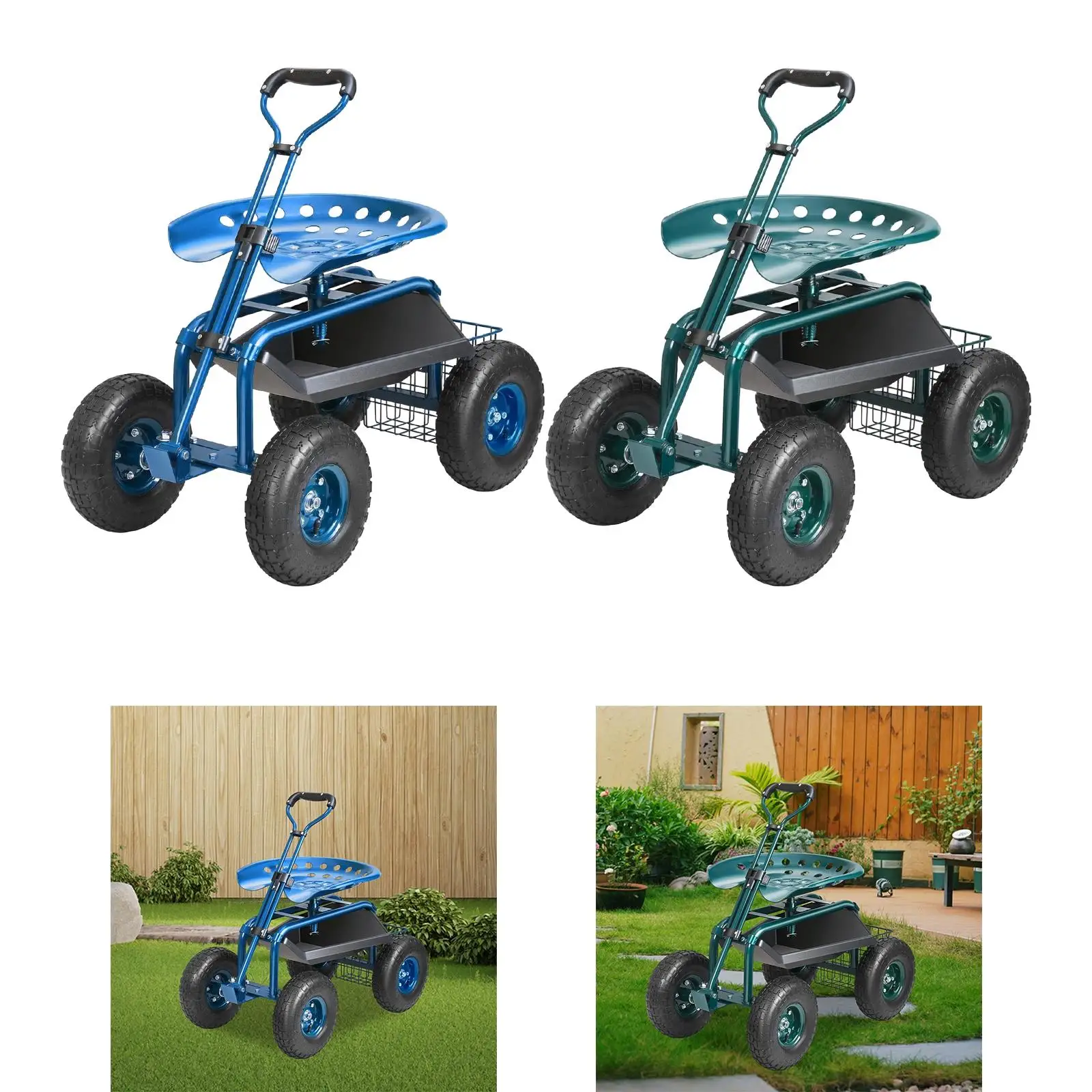 

Rolling Garden Cart Stool with 4 Wheels 360 Swivel Seat with Storage Basket for Landscaping Versatile Gardening Planting Cart