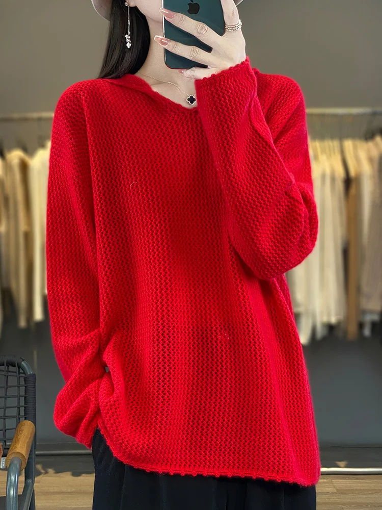 New Autumn Winter Women Wool Hooded Pullover Hollow Cashmere Sweater 100% Merino Wool Knitwear Casual Loose Soft Knitting Tops