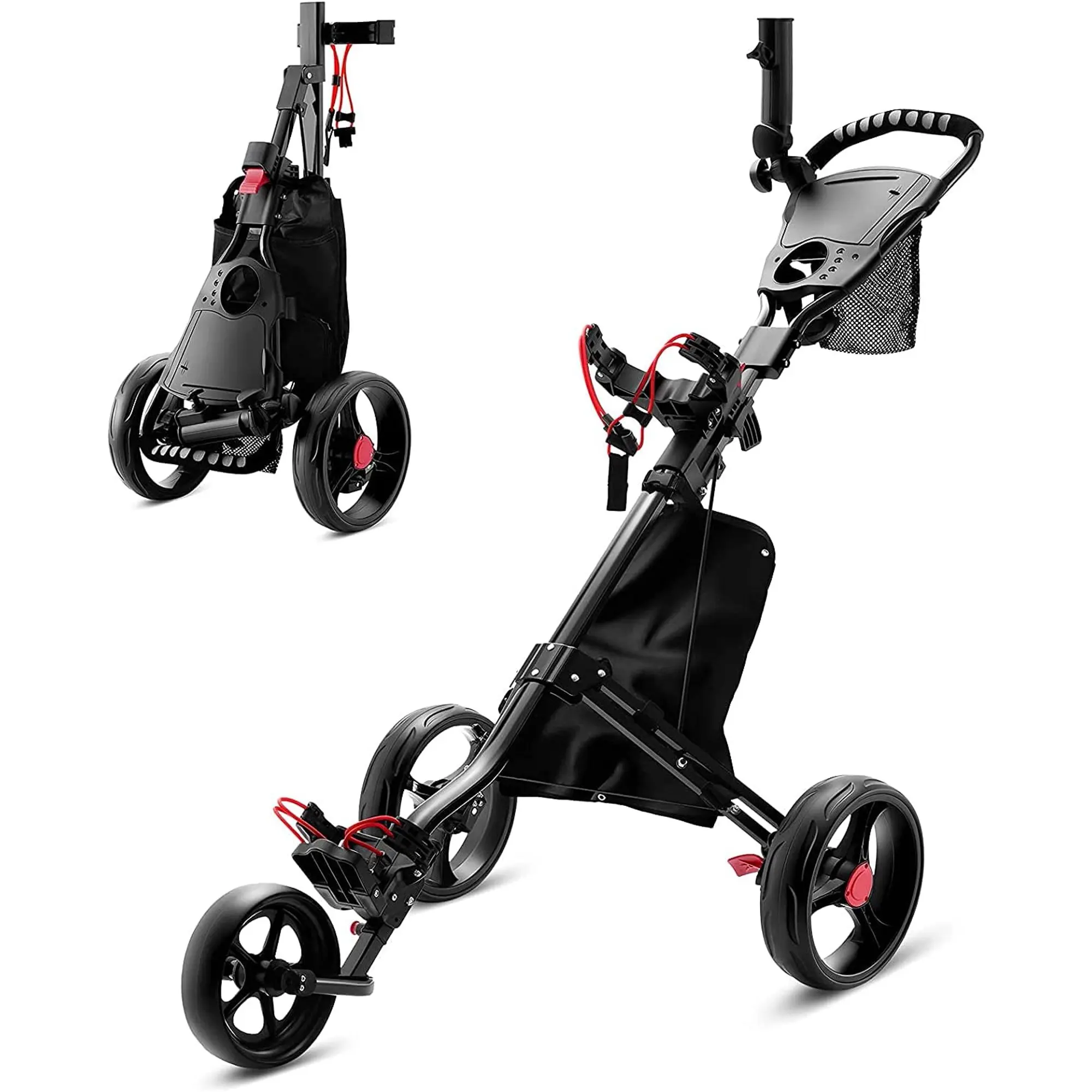 YOLO Low MOQ Foldable Aluminium Lightweight Durable 3-Wheel Golf Trolley Push Cart with Umbrella Holder 100kg Capacity Non-Slip