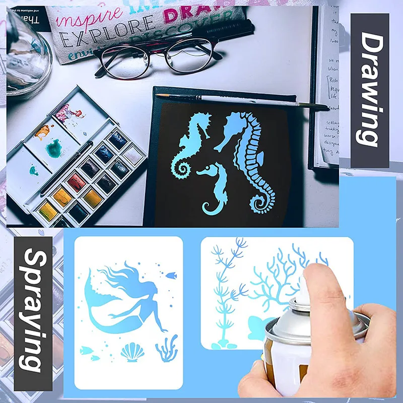 4-20 pz sirena mare oceano creature stencil modelli Set riutilizzabili sottomarino Scrabooking modelli di pittura bambini fai da te disegno giocattolo