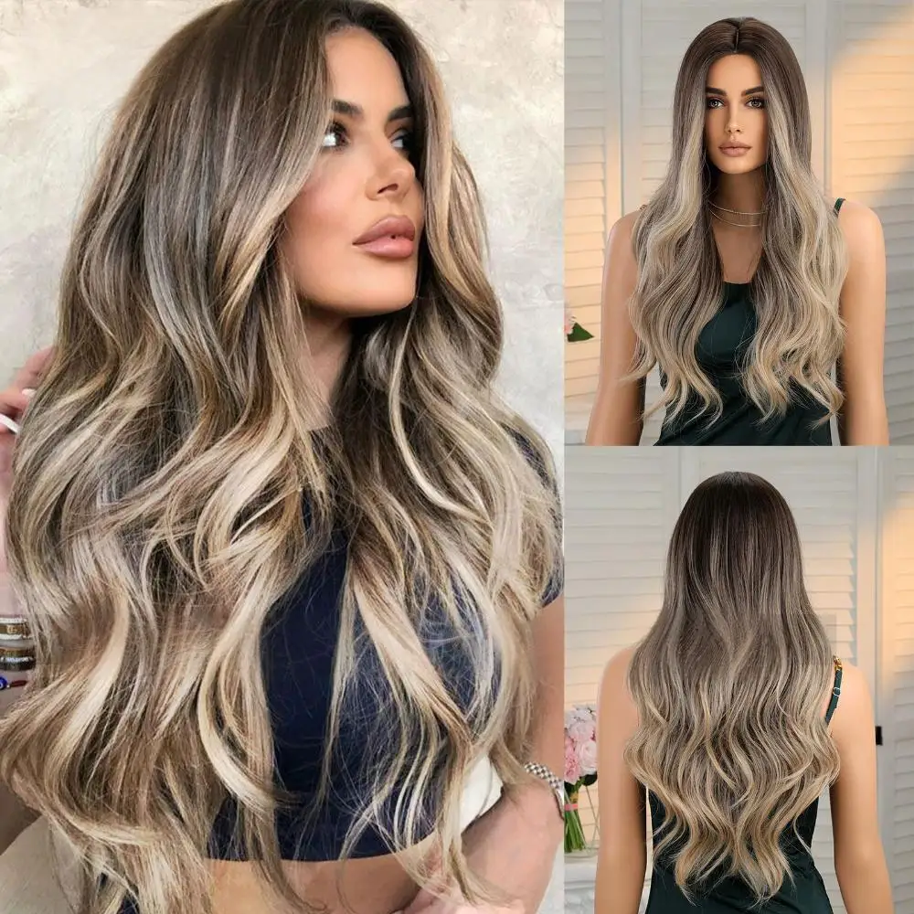 24 Inch Ombre Brown Long Wavy Wig – Middle-Part Big Curls Full Head Heat-Resistant Synthetic Hair for Women