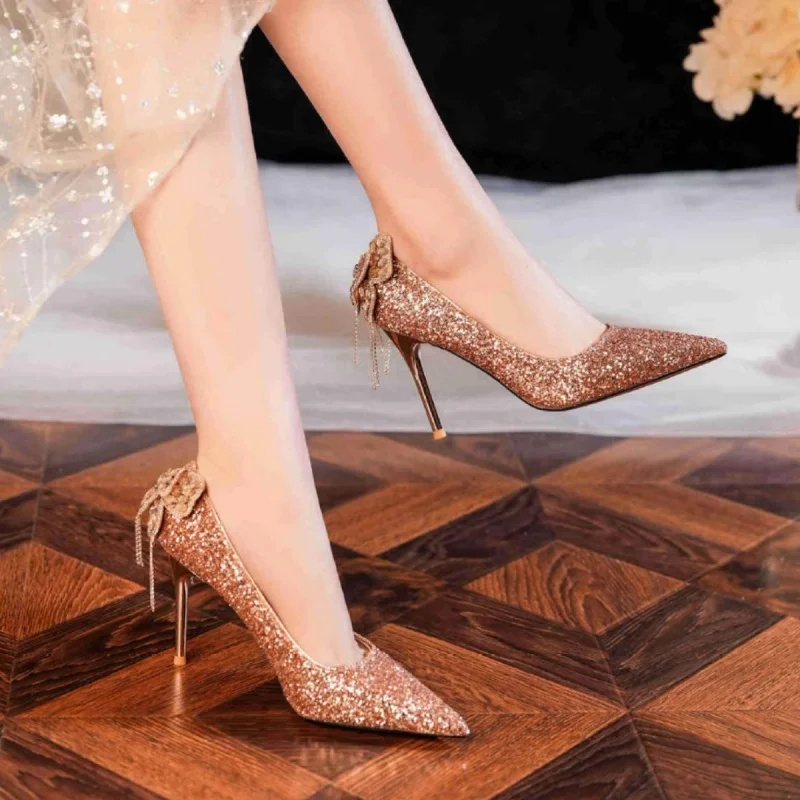 

Модные летние новые элегантные удобные женские туфли на высоком каблуке со стразами и блестками, на тонком каблуке с острым носком и бантом