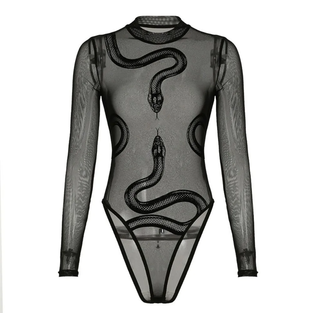 Fashion Snake Long Sleeve Lace Jumpsuit Seamless High Waist Mesh Thin Shapewear Romper Long Sleeve Slim Fit Bodysuit Female