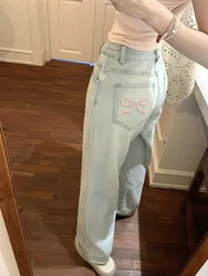 bow Blue Jeans Women High Waist street American Wide Leg denim Pants 90s Embroidery Y2K Vintage Straight straight Trousers 2024