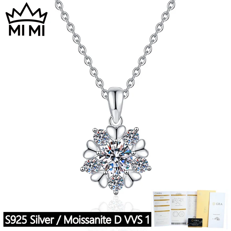 

MI MI S925 Sterling Silver 1CT D-Color Heart & Snowflake Design Moissanite Pendant Necklace for Women GRA Certified Gift Box