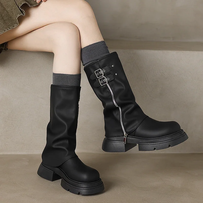 2024 Spring and Autumn Fashion Solid Color Round Toe Buckle Medium Heel Sleeve Zipper Thick Sole Women's Mid-calf Boots