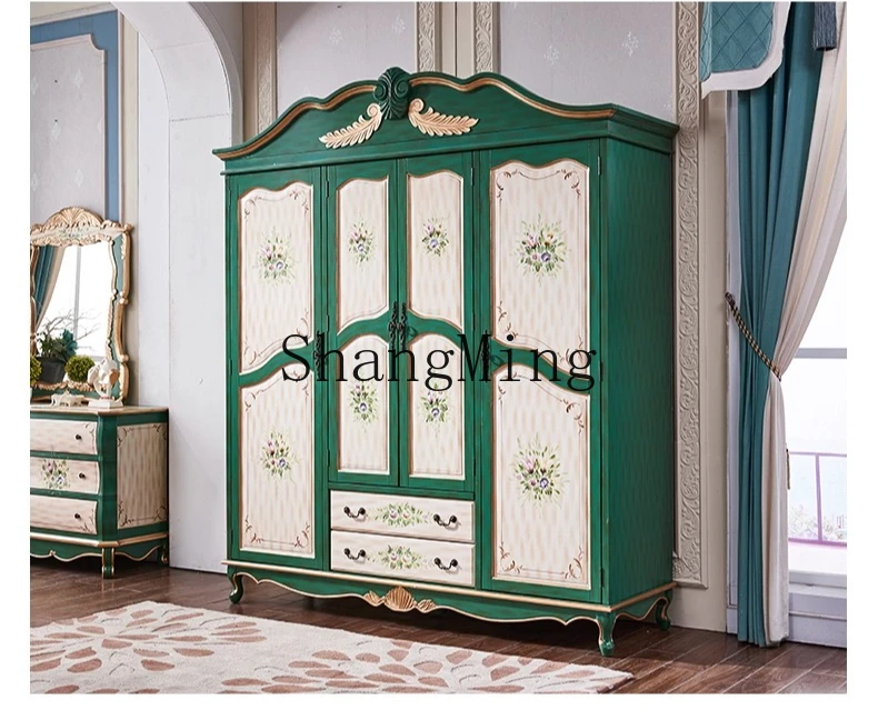 

SM solid wood frame bedroom wardrobe antique painted cabinet pastoral distressed four-door large wardrobe