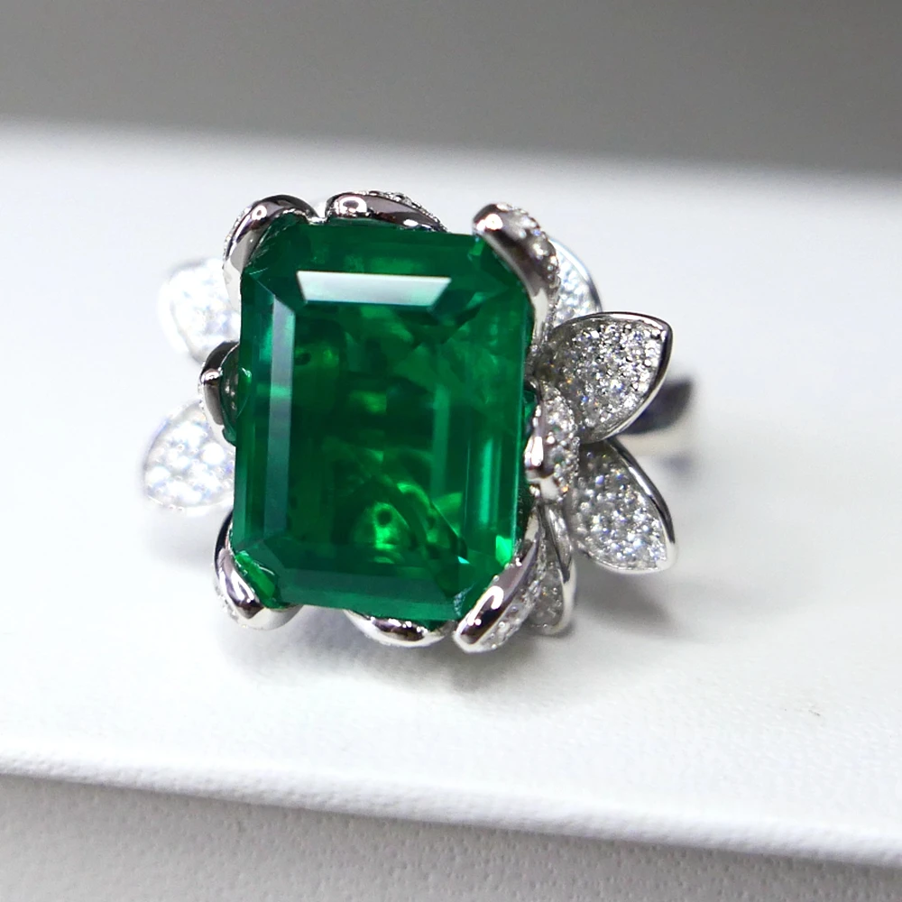 KQDANCE Luxury Flower 925 Sterling Silver 12*16mm Large Rectangle Green Stone High Carbon Diamond Created Emerald Rings Jewelry