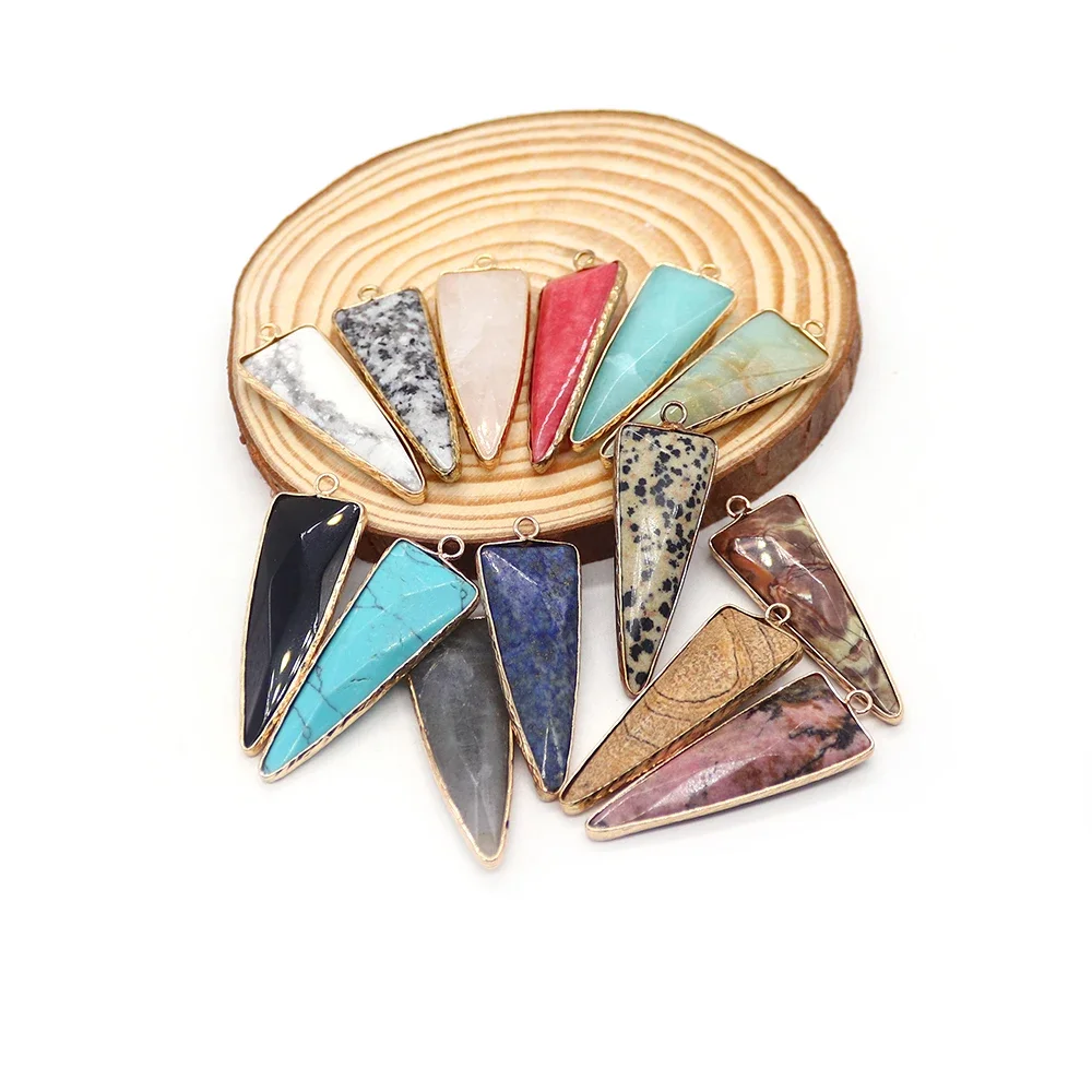 

Unique Natural Spotted Stone Black Agate Polished Geometric Triangle Cut Bezel Single-Hole Pendant DIY Jewelry Accessories