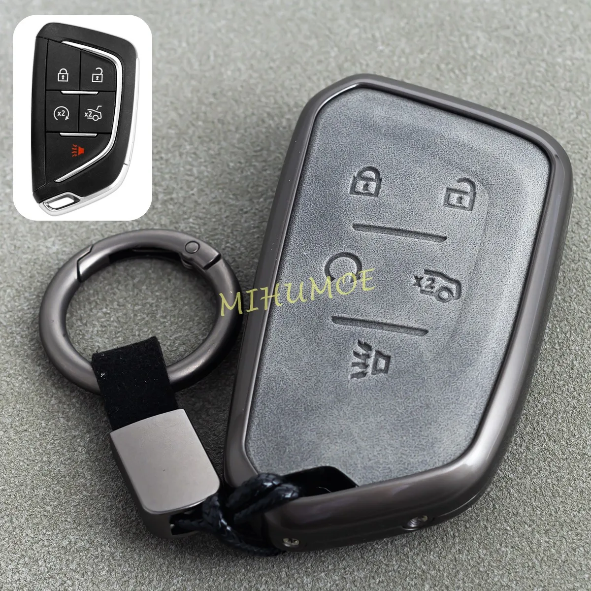 Metal Leather Car Key Fob Case Cover Keychain Protector For Cadillac Lyriq CT4 CT5 XT4 5 Buttons Accessories Gray 2025 2024 2023