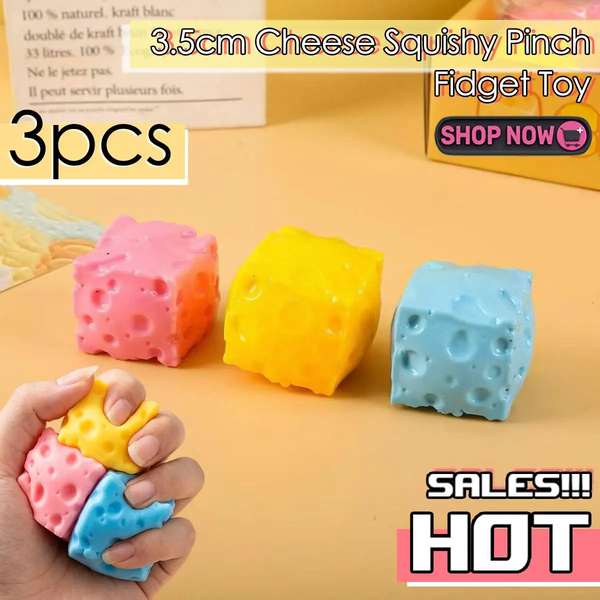 3Pcs Realistic Cheese Squishy Toy 3.5cm Slow Rebound Shapeable Squishy Fidget Toy Portable Sensory Anti Stress Gift Adult