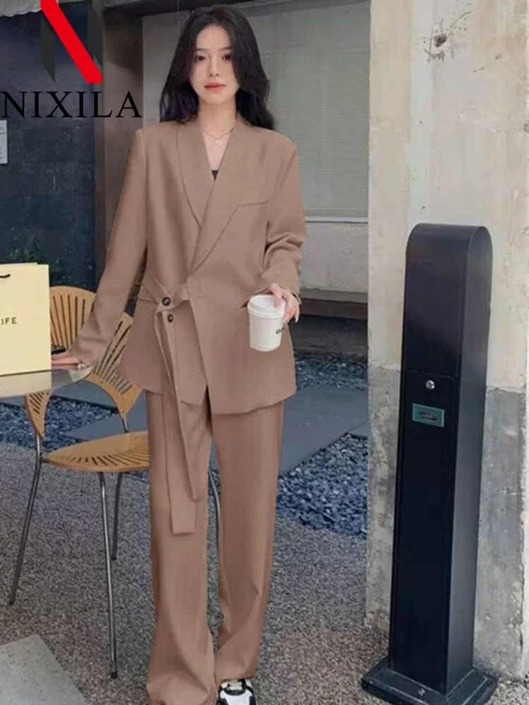 New in Women Blazer Pants Sets Fashion Office Ladies Casual Oversized Wide Leg Coats Women\'s Sets Long Sleeve Tops Two Piece Set