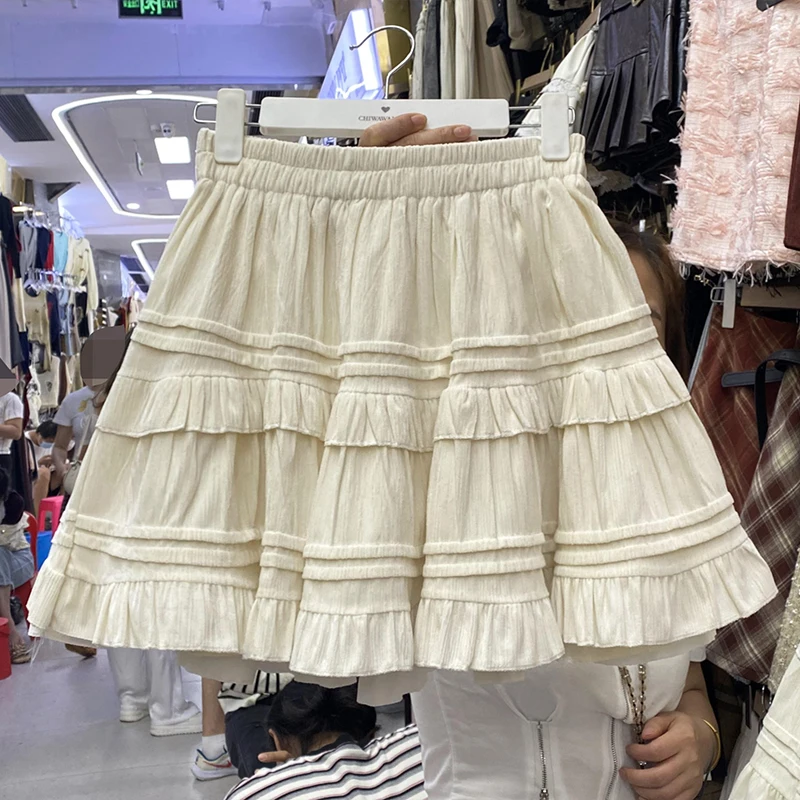 

Summer Kawaii White Ruflles Skirt Women Fashion Slim Fit Mini Skirts 2025 All Match Elastic High Waist Black