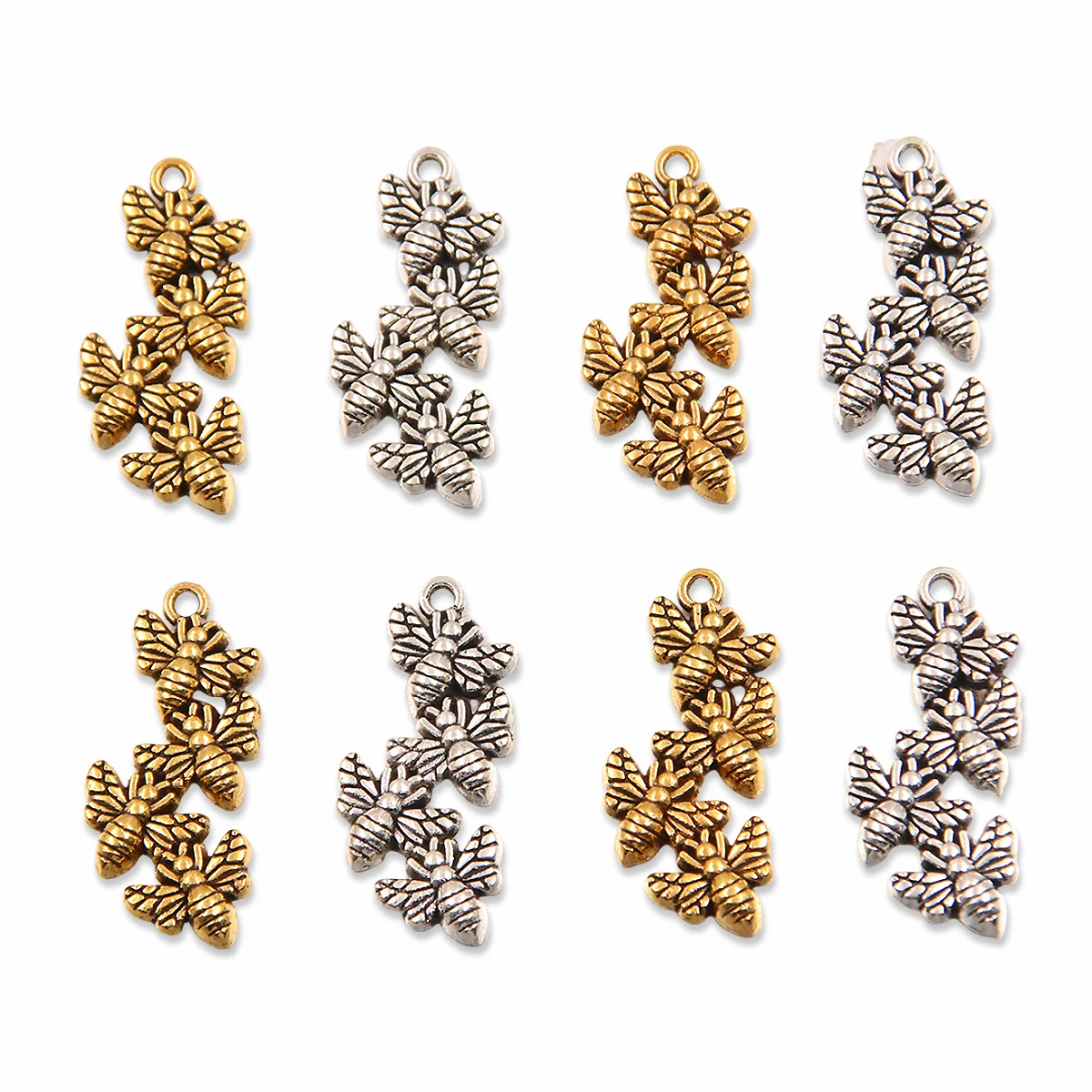 10PCS 12X27mm Metal Alloy Two Color 4 Little Bees Charms Animal Pendants For Jewelry Making DIY Handmade Craft