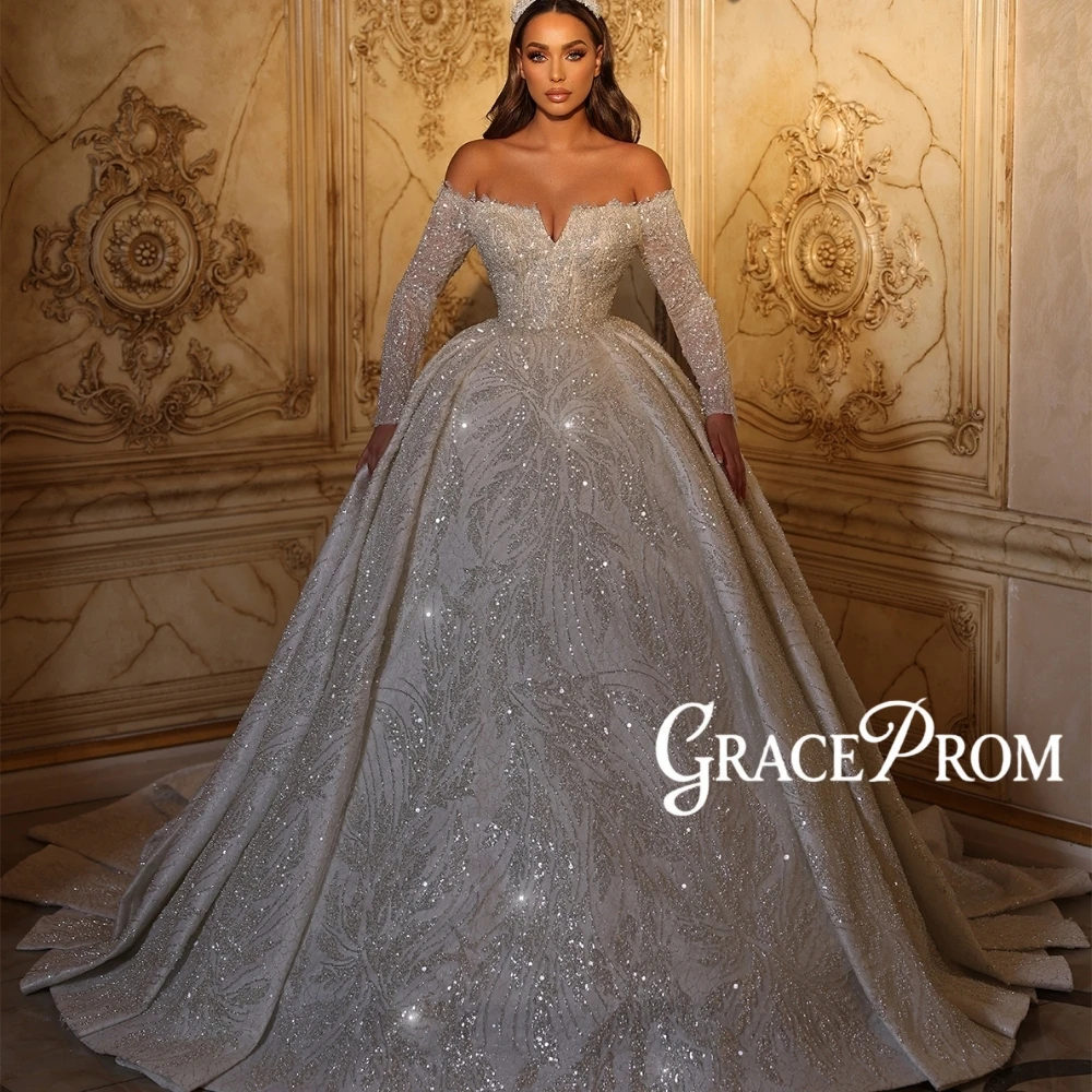 

Newest Opulent Ball Gown For Women Stunning Intricate Beaded Off Shoulder Wedding Dress Customized Sparkling Long Train Wear