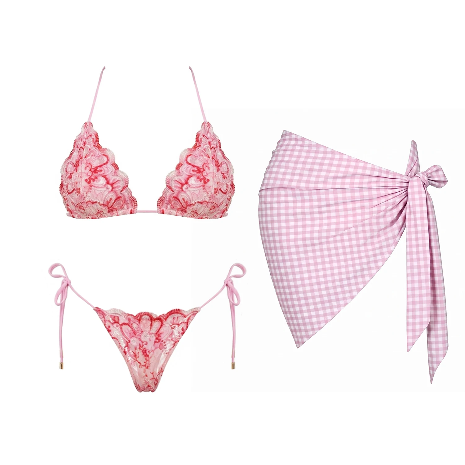 Pink 3Pcs Lace Bikini Sexy Swimsuit Women 2026 New Swimwear Female Micro Bikinis Push Up Bathing Suit Bandeau Biquini Beachwear