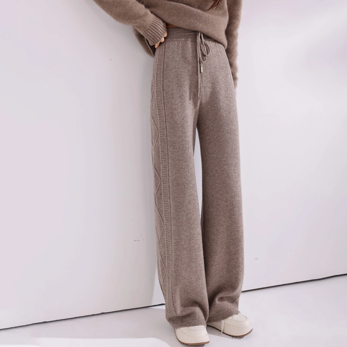 100% Merino Wool Pants Women Autumn Winter Casual Wide Leg Trousers Middle Seam Style Knitted Cashmere Soft Lace-up Trendy Pants