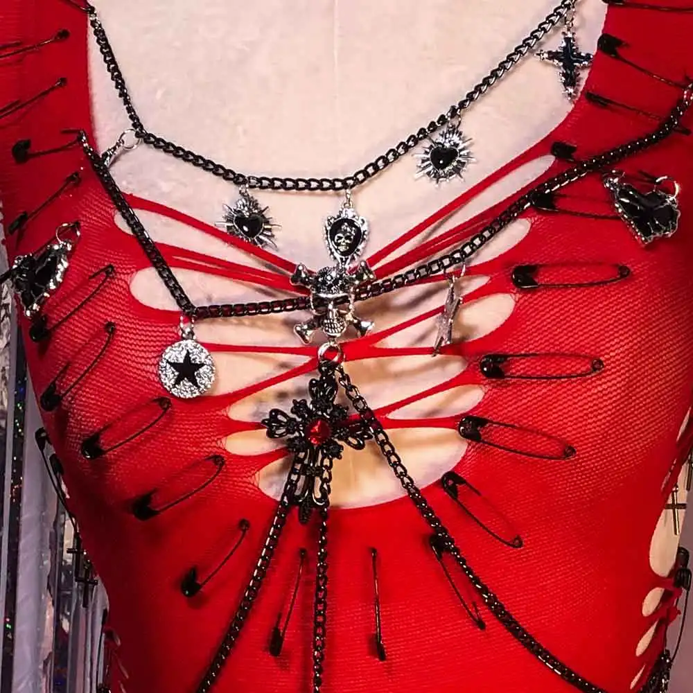 Emo Punk Rock Skull Hip Hop 90s Grunge Kawaii E-Girls Goth Teen Gothic Dress Chain Eco Pin Y2K TOPS Hand Made DIY Harajuku