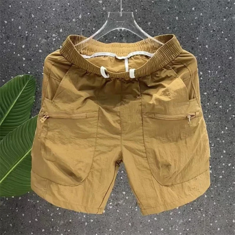 Men Trendy Japanese Style Zipper Pockets Quick Dry Cargo Short Pants 2024 Summer Causal Solid Loose Sports Straight Beach Shorts