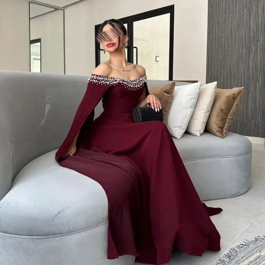 Prom Dresses Burgundy Beading Floor Length Evening Gowns Off The Shoulder Saudi Sleeveless Wedding Party DressesCustomized Dress