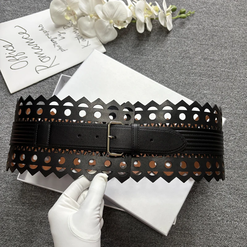 

Bohemian style lace hollow waistband, cowhide belt, genuine leather women's dress decoration, wide leopard print waistband
