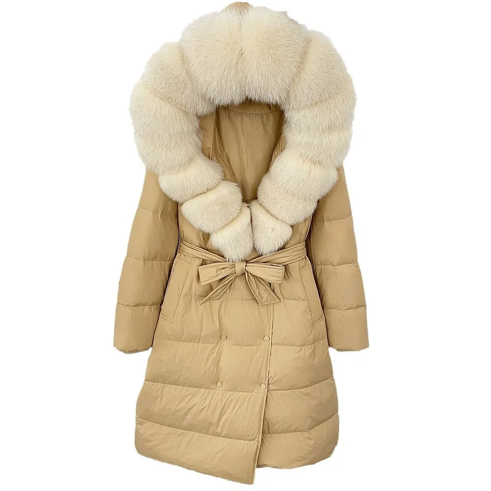 

Winter new coat women's fashion fox hair hooded women's light white duck down jacket long women