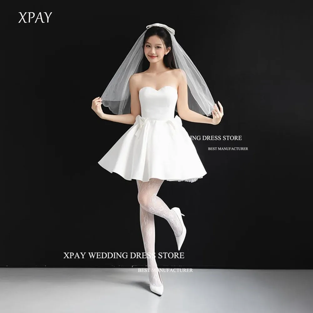 

XPAY Sweetheart Collar A Line Mini Length Wedding Party Dresses Korea Photo shoot Satin Short Simple Bride Gowns Bow Customized