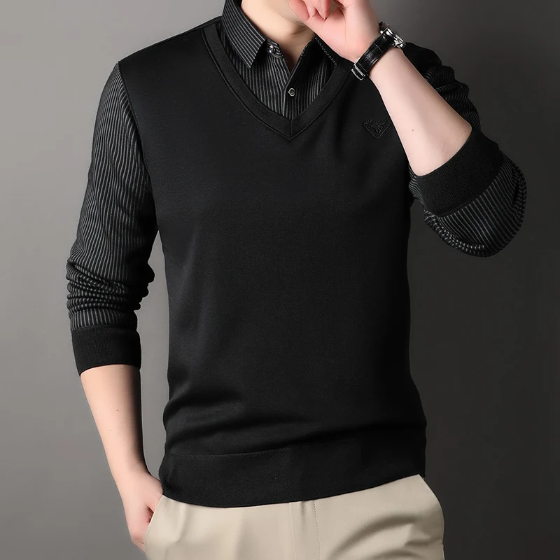 New Autumn Men\'s Polo Collar Shirts Fashion Knitting Pullovers Striped Thick Polo Shirts Slim Fit Korean Mens Top Clothes