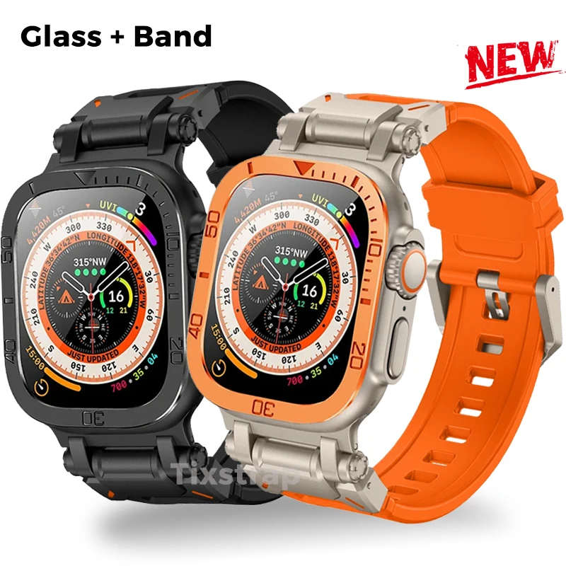 Tempered Glass Film Rubber Band for Apple Watch Ultra 2 49mm Strap Titanium Metal Screen Protector Case Frame for iWatch ultra49