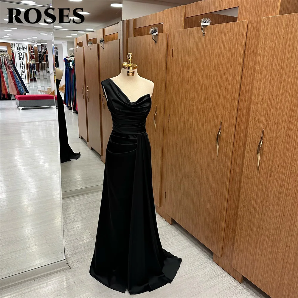 

ROSES Black Prom Dresses Sweetheart Evening Dress Simple One-Shoulder Mermaid Party Dress With Pleat Satin فساتين مناسبة رسمية