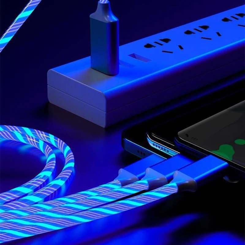 Cabo led brilhante 3 em 1 para samsung, xiaomi, iphone, luz fluida, carregador rápido, cabo usb c, cabo luminoso tipo c
