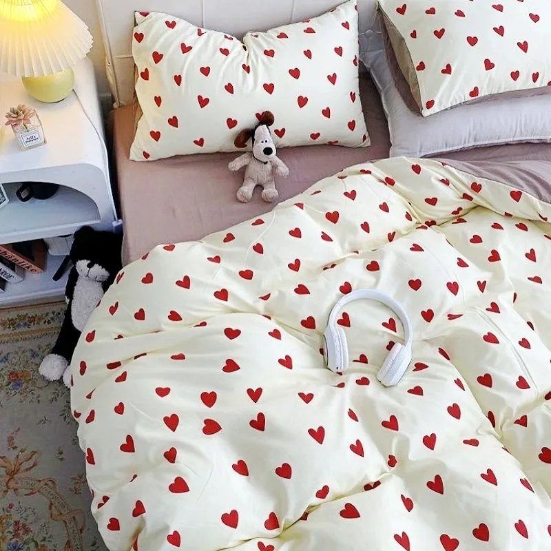 Washed Cotton Duvet Cover Set Ins Floral Style with Flat Sheet Pillowcase No Filler Queen Double Girls Boys Home Bed Linens