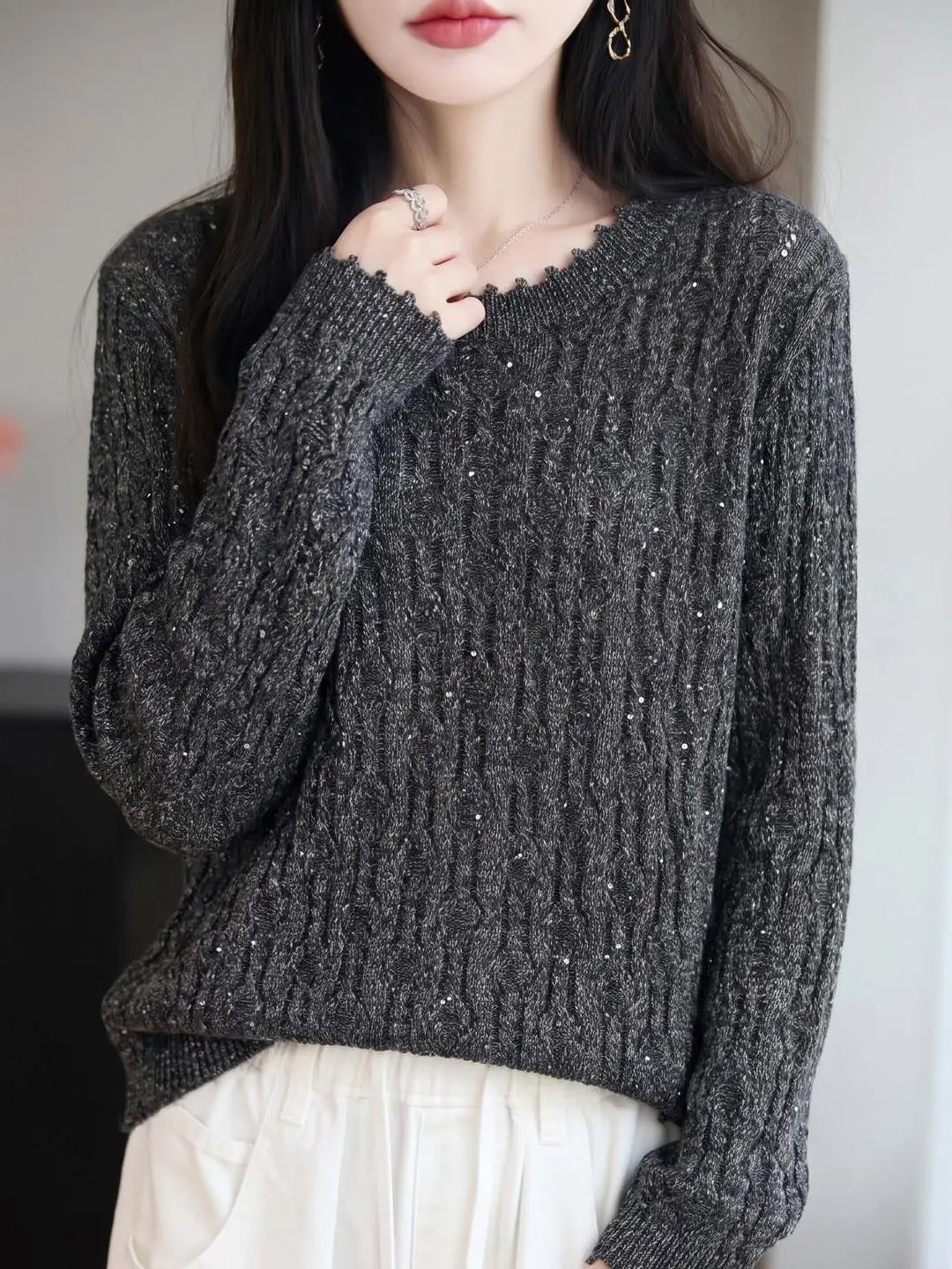 Glitter Knitted Sweater Women's round Neck Overhead Warm Base Layer Shirt Long Sleeve Soft Knitwear Casual Loose Style