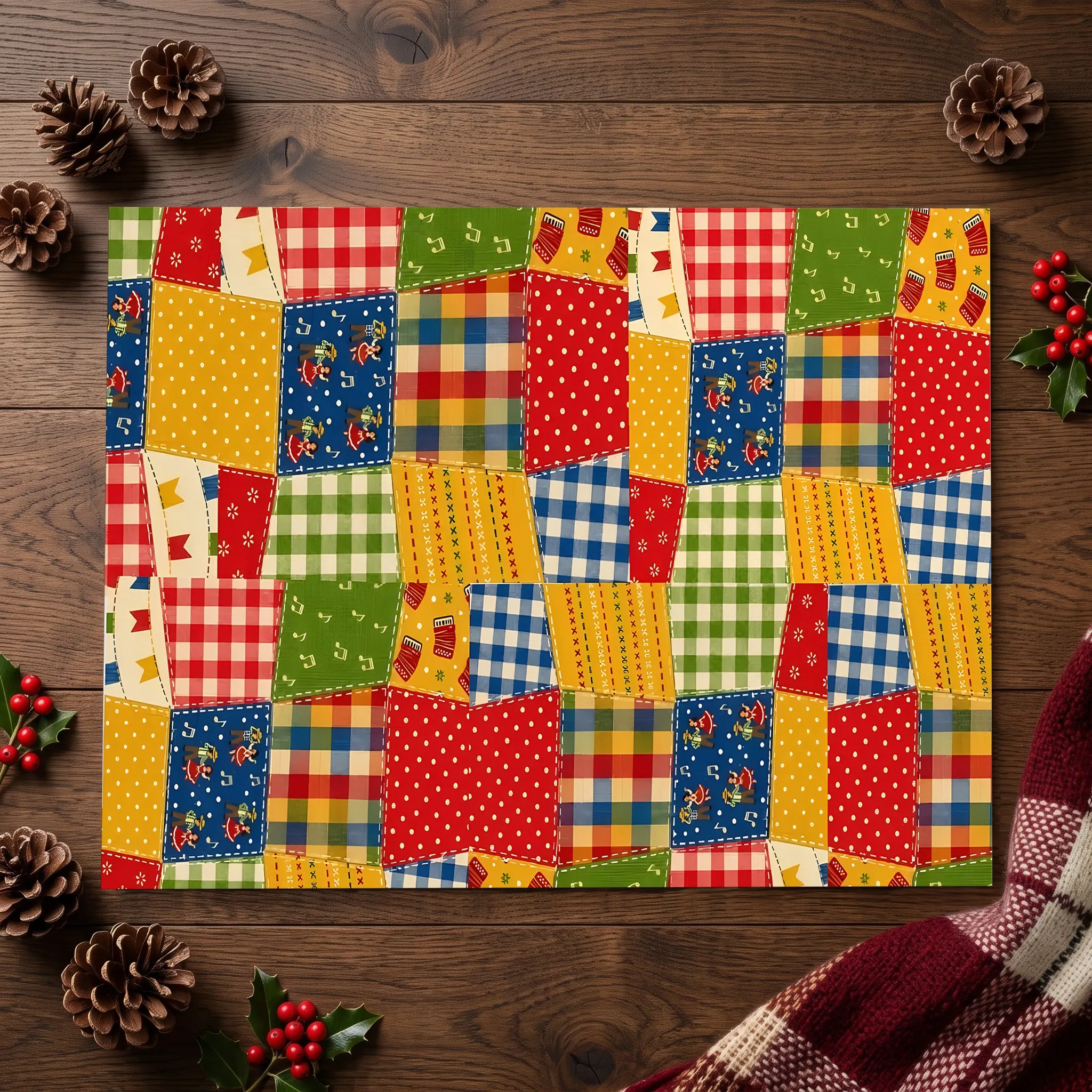 Patchwork Checkered Polka Dot Childlike Cute Retro Christmas Velvet Rug for Living Room, Bedroom and Bedside, Warm for Winter