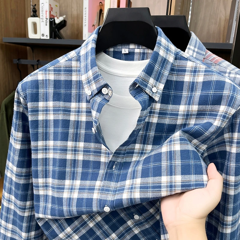 100% pure cotton long sleeve shirt luxury new colorful checkered spring autumn lapel top high-quality comfort casual men's wear