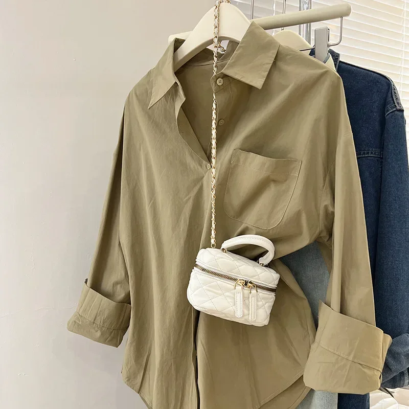 QWEEK Korean Style Office Shirt Solid Color Elegant and Youthful Woman Loose Blouses Basic Minimalist Button Up Clothes Clothes