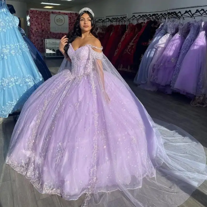 

Luxury Pueple Quinceanera Dresses 2025 V Neck with Cape Lace Appliques Sweet 16 Dress Vestidos Customized Birthday Party Gown