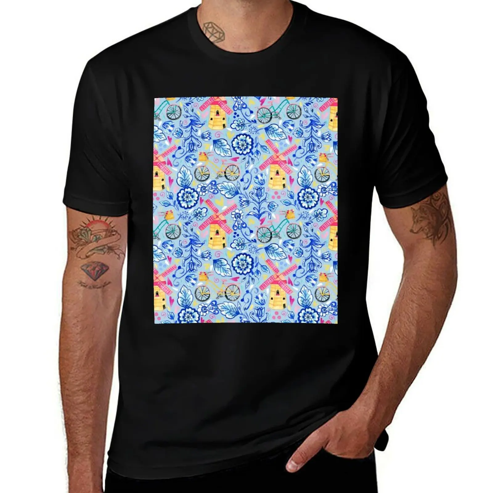 Netherlands Whimsy - Delft, Bicycles & Ornamental Windmills on Blue T-Shirt Sporty Casual Quick Dry T-Shirt