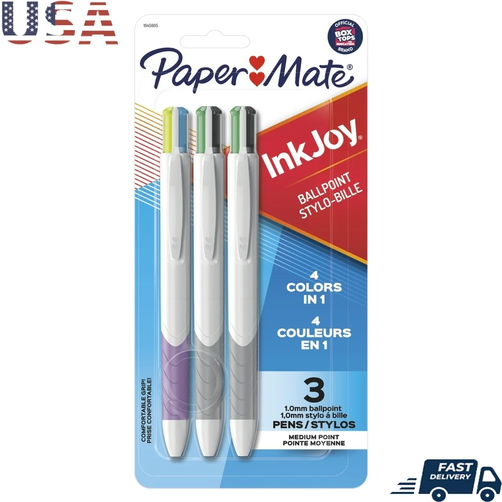 Retractable Ballpoint Pens Set 3 Count 4 Ink Colors Medium Point 1.0mm Effortless Writing Lanyard Hole Modern Design