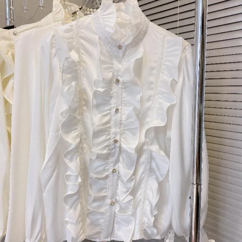 2026  Spring New Nail Bead Ruffle Edge Loose Temperament Commuting Shirt Court Style Chiffon Shirt Autumn Top Women's Clothing