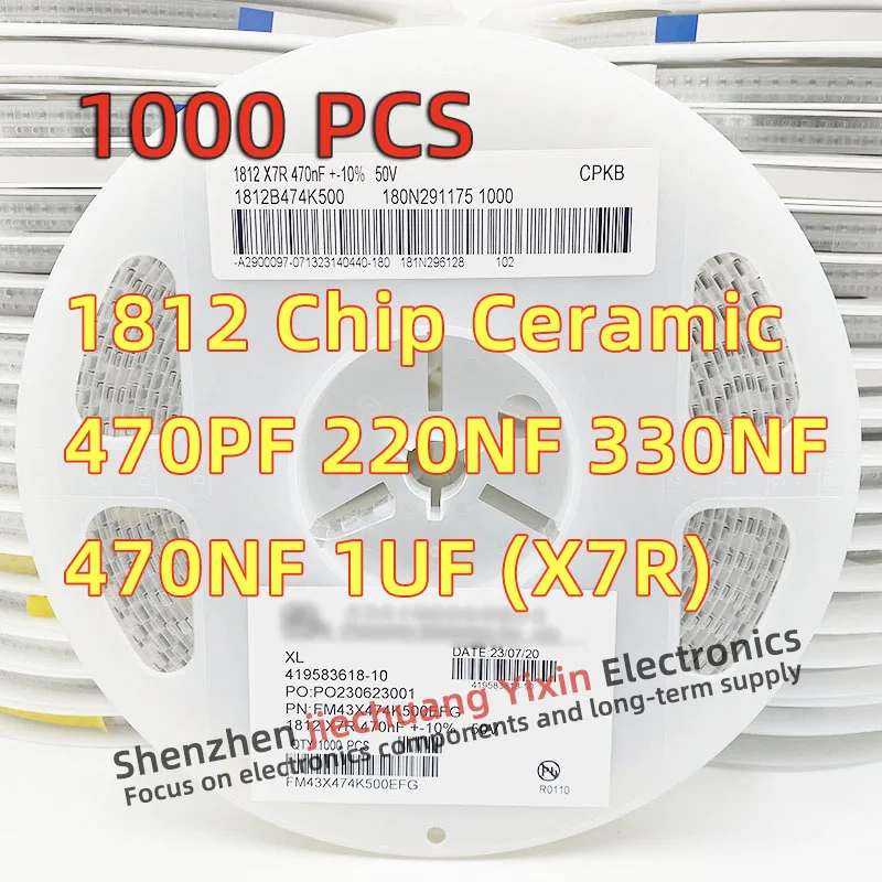 

Chip Ceramic Capacitor 1812 470PF 220NF 330NF 470NF 1UF 50V 100V 250V 10% accuracy X7R material 4532 Capacitance 1000pcs