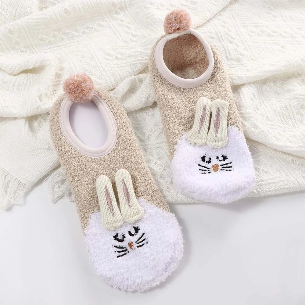 Cute Coral Fleece Floor Socks Cartoon Animal Women Winter Warm Boat Socks Silicone Home Non-slip Short Socks Female