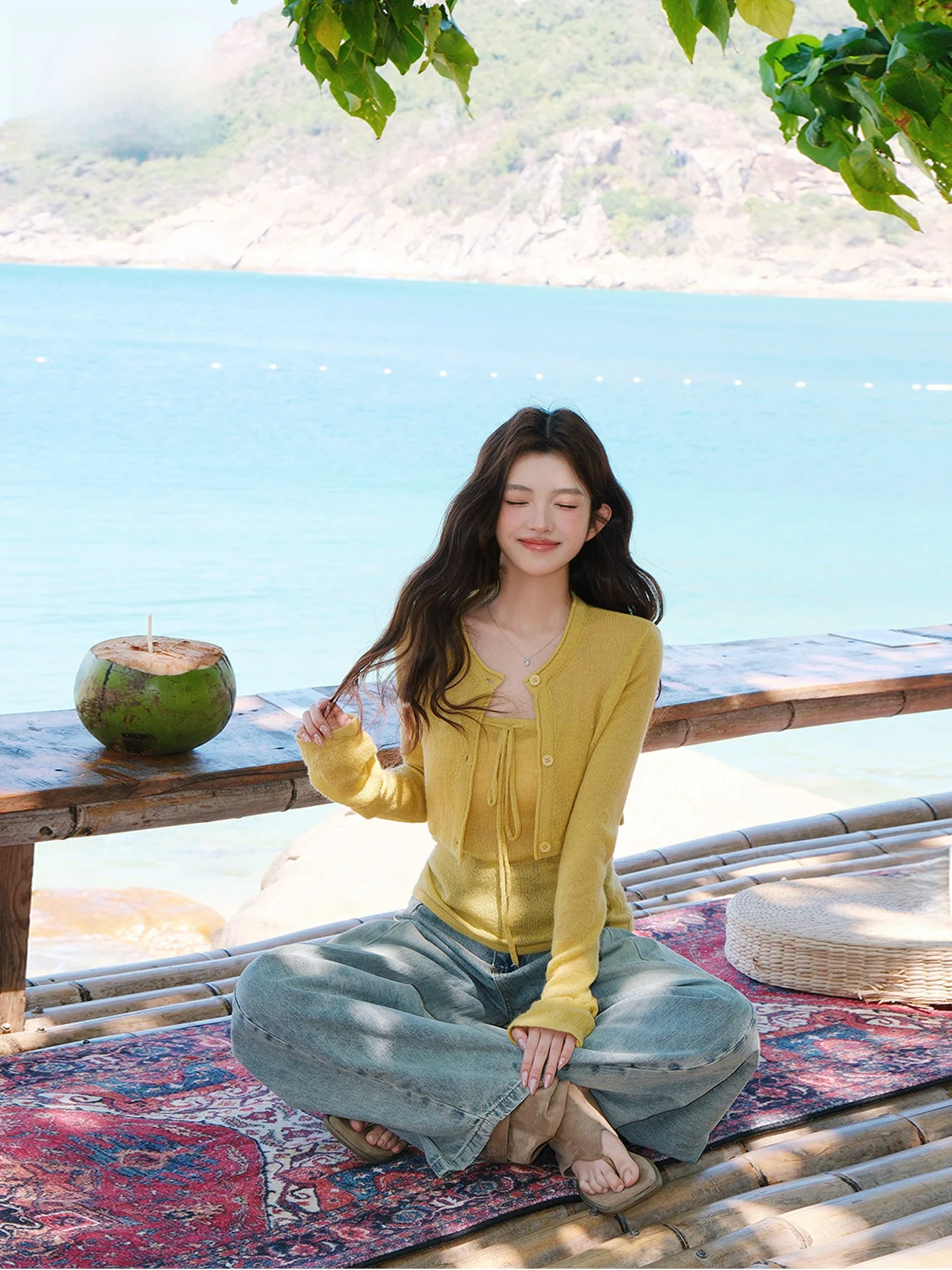 

Yellow Knitted Open Cardigan Two-Piece Set Women's Summer Belted Tube Top Inner Sweet Feeling Set Casual Loose Style Summer