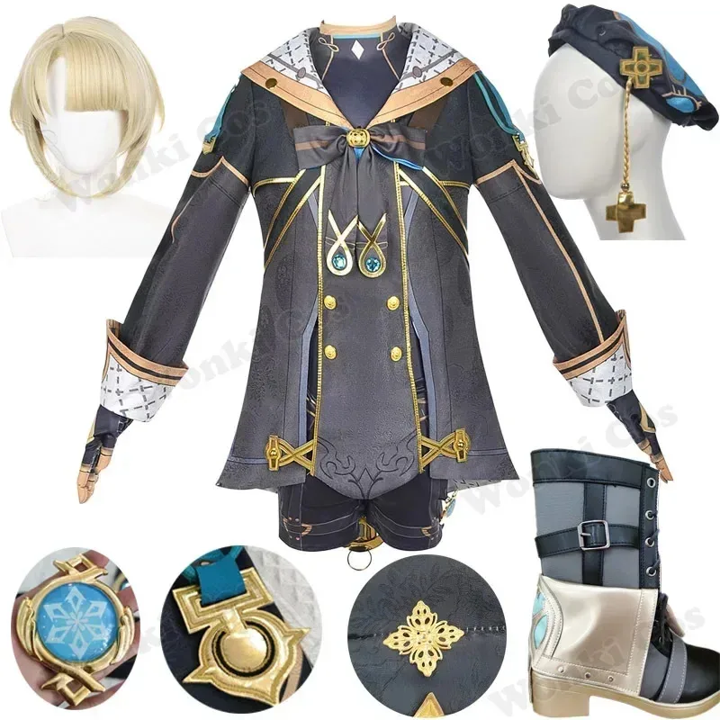 Freminet-Peluca de disfraz de Cosplay, conjunto completo de trajes, juego Fontaine Freminet, zapatos de Cosplay, botas, disfraces de fiesta