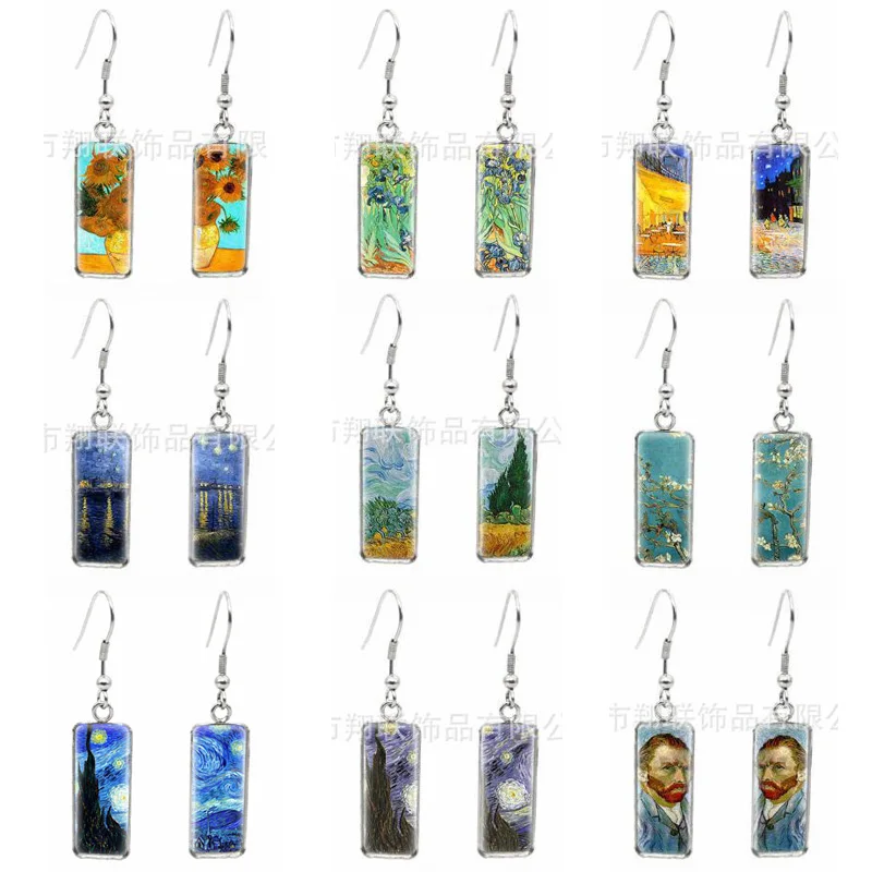 Pendientes con pintura al óleo de Van Gogh, pendientes llamativos de girasol de noche estrellada, regalo de joyería para mujeres y niñas