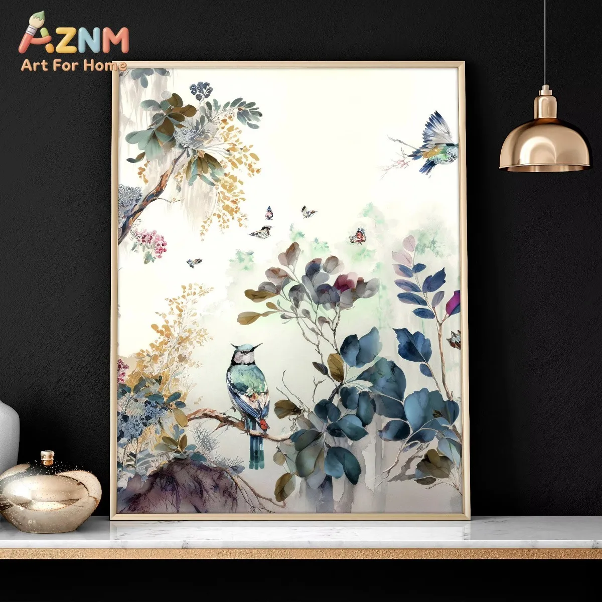 AZNM Chinoiserie Canvas Wall Extra Vintage Asian Wall Art Print Eclectic Botanical Wall Decor Living Room Wall Hanging
