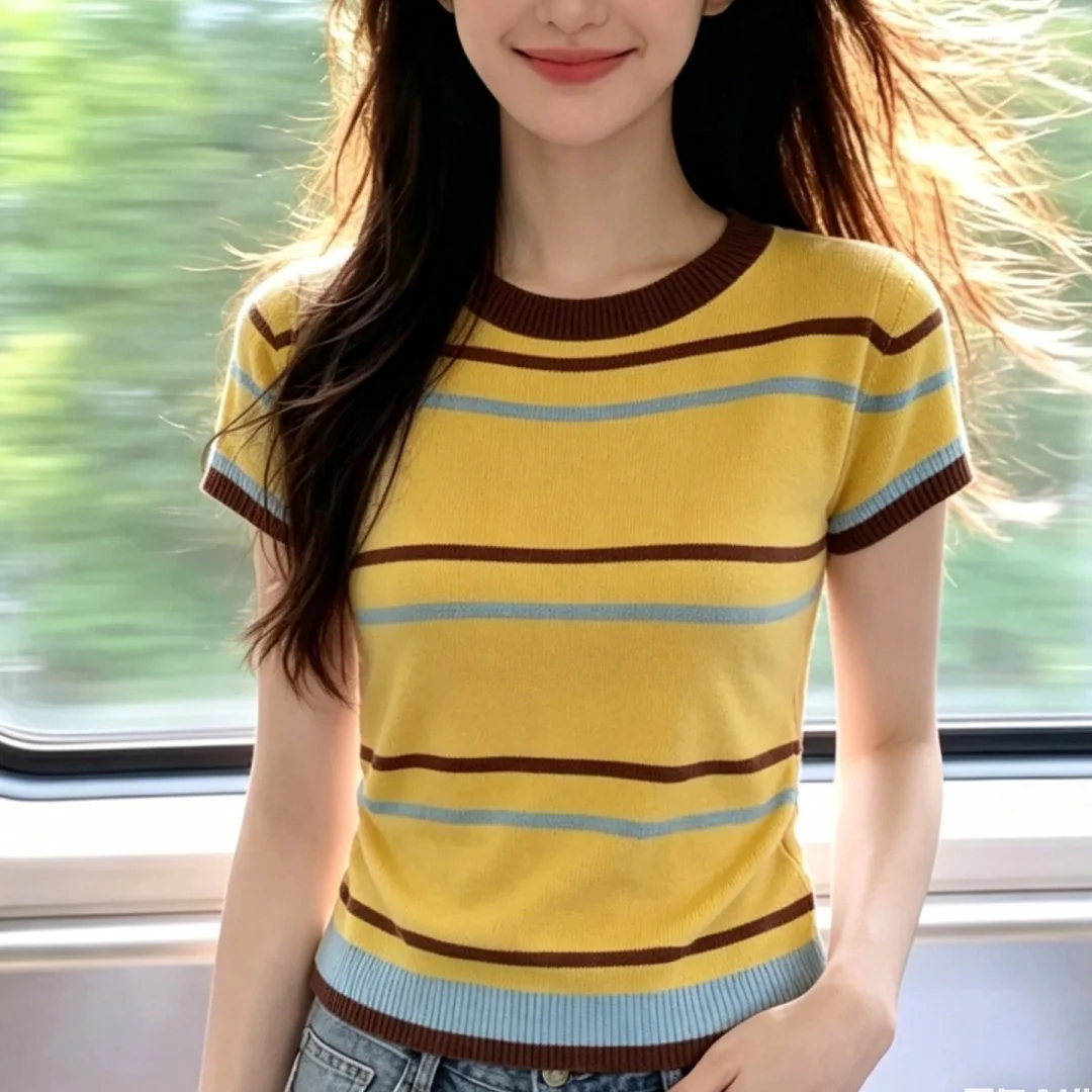 Striped Knitted Short Sleeve Tops Women's Summer T-shirt Short Sleeve knit top Casual Simple Wild T-Shirt