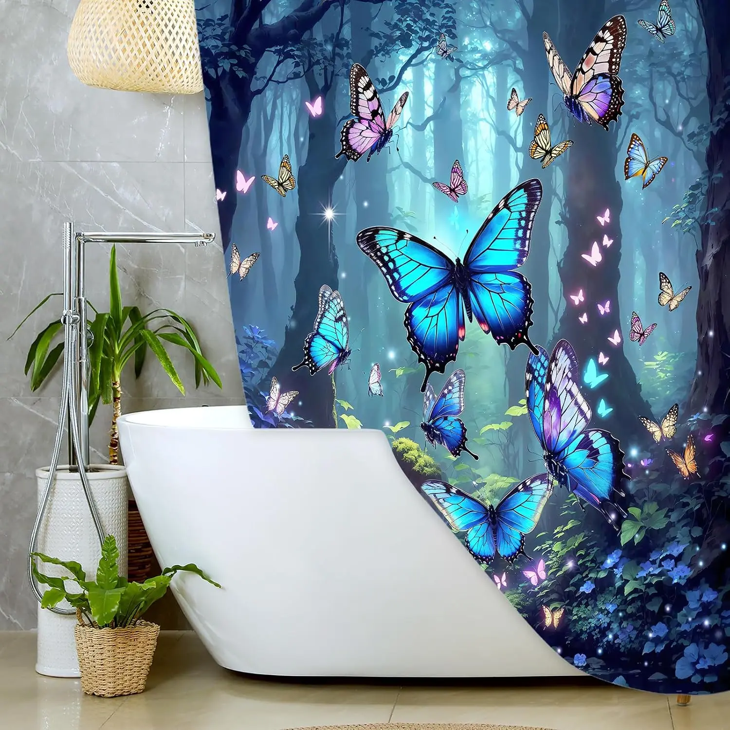 Bohemian Butterfly Floral Rainforest Shower Curtain Waterproof Bathroom Decor Jungle Nature Aesthetic Tapestry Liner