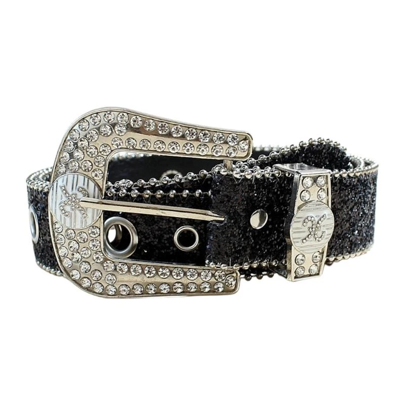 

652F Fashion Large Eyelet Belt Girl Rhinestones Buckle Belt Waistband Ethnic PU Belt Bead Trim Belt Aesthetic Buckle Belt